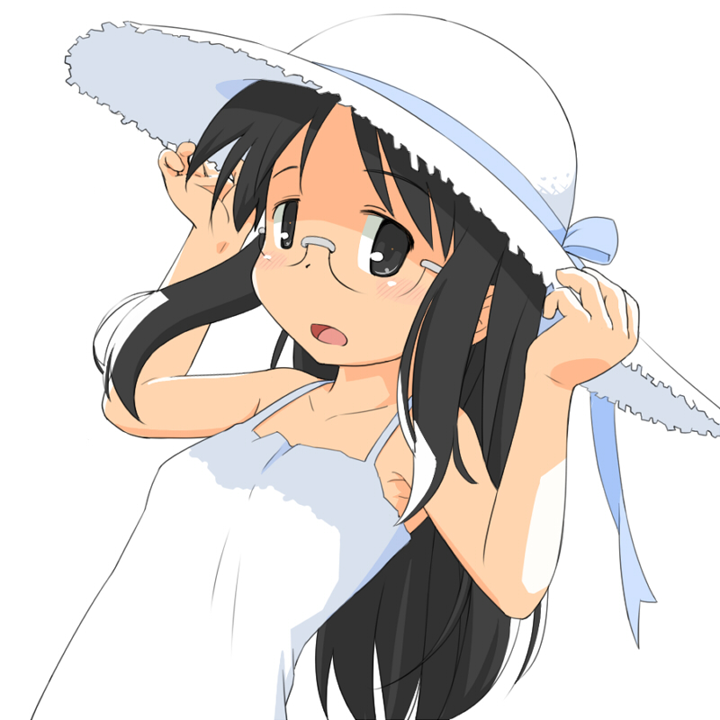 armpits bare_shoulders black_eyes black_hair collarbone dress glasses hands_on_headwear hat leaning_back long_hair looking_at_viewer minakami_mai nichijou open_mouth simple_background solo straw_hat sundress tomboo white_background