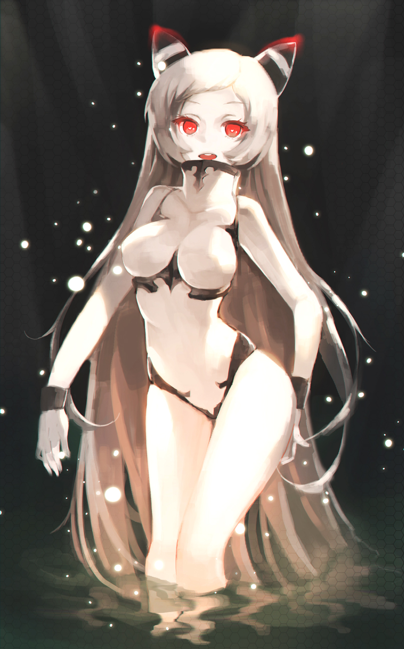 airfield_hime breasts heart heart-shaped_pupils high_collar highres hips horns kantai_collection large_breasts long_hair mukka open_mouth pale_skin red_eyes shinkaisei-kan solo swimsuit symbol-shaped_pupils very_long_hair wading