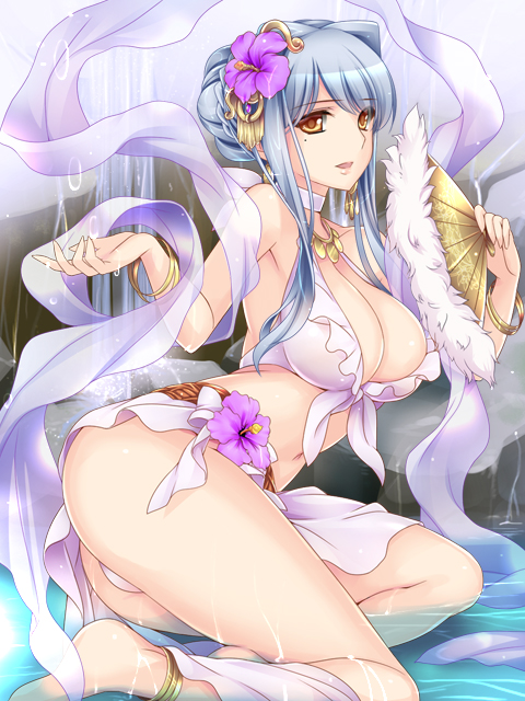 anklet ass bangle barefoot blue_hair blush bracelet breasts choker cleavage fan flower folding_fan hair_bun hair_flower hair_ornament holding jewelry large_breasts long_hair mole mole_under_eye moneti_(daifuku) open_mouth original panties sidelocks smile solo underwear wet white_panties yellow_eyes