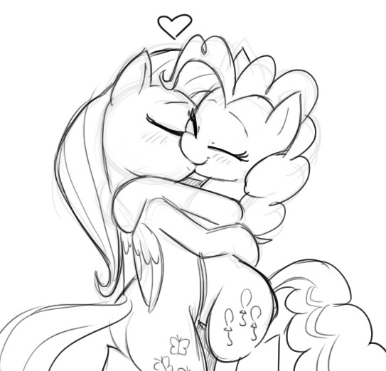 &lt;3 black_and_white blush cute cutie_mark duo earth_pony equine eyes_closed female feral fluttershy_(mlp) friendship_is_magic horse hug kissing lesbian mammal mickeymonster monochrome my_little_pony pegasus pinkie_pie_(mlp) pony smile wings