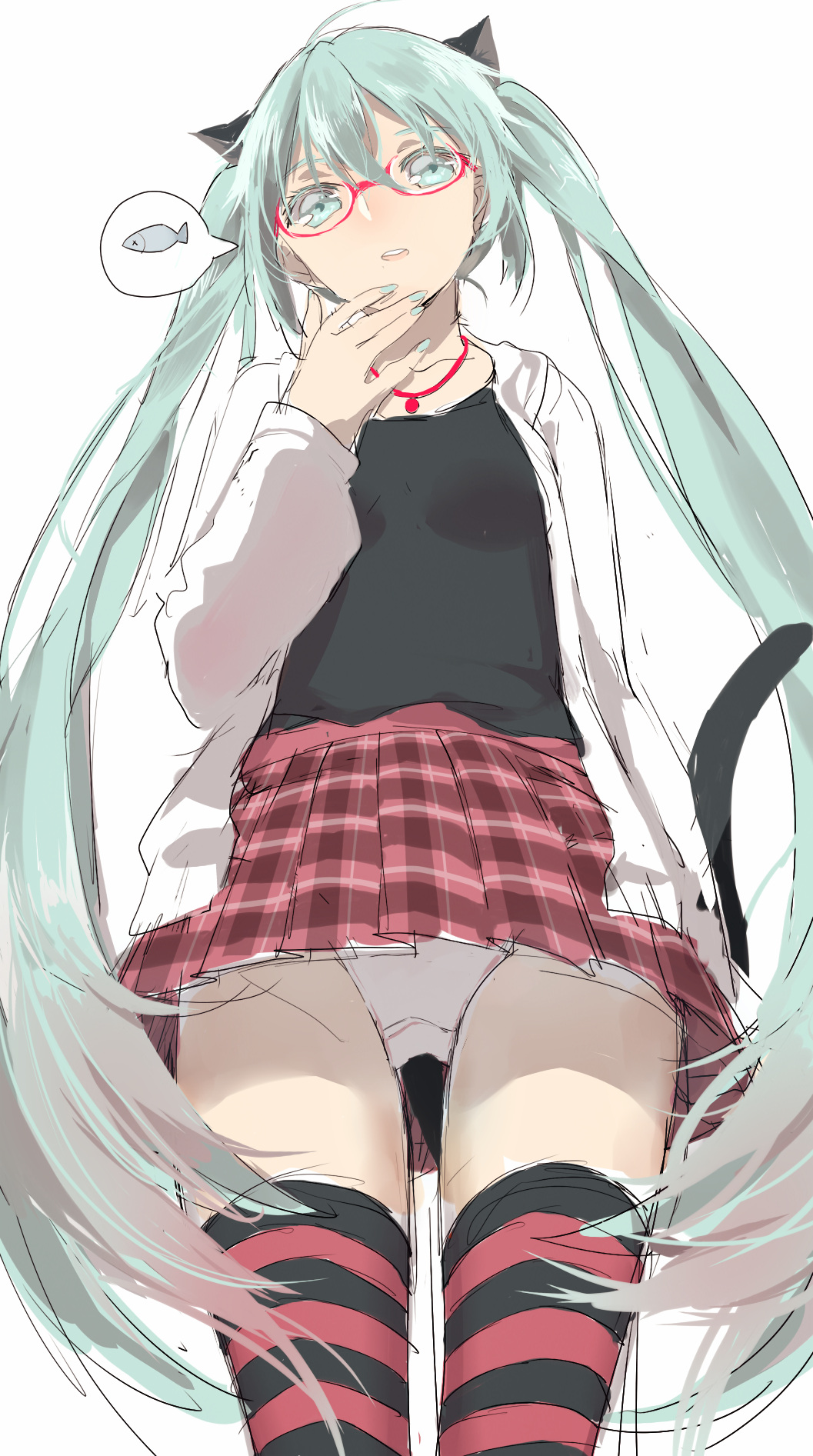 animal_ears cat_ears cat_tail fei_(songyijie) glasses green_eyes green_hair hatsune_miku highres jewelry kocchi_muite_baby_(vocaloid) long_hair nail_polish necklace panties simple_background sketch skirt solo striped striped_legwear tail thighhighs twintails underwear upskirt very_long_hair vocaloid white_background