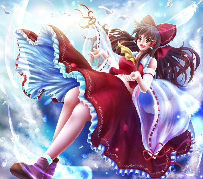 :d ascot bird bow breasts brown_eyes brown_hair cloud detached_sleeves feathers frilled_skirt frills hair_bow hair_tubes hakurei_reimu large_breasts long_hair midriff navel open_mouth ribbon-trimmed_sleeves ribbon_trim satoji_(ochanomkmskry) see-through shoes skirt sky smile socks solo sun touhou transparent wide_sleeves