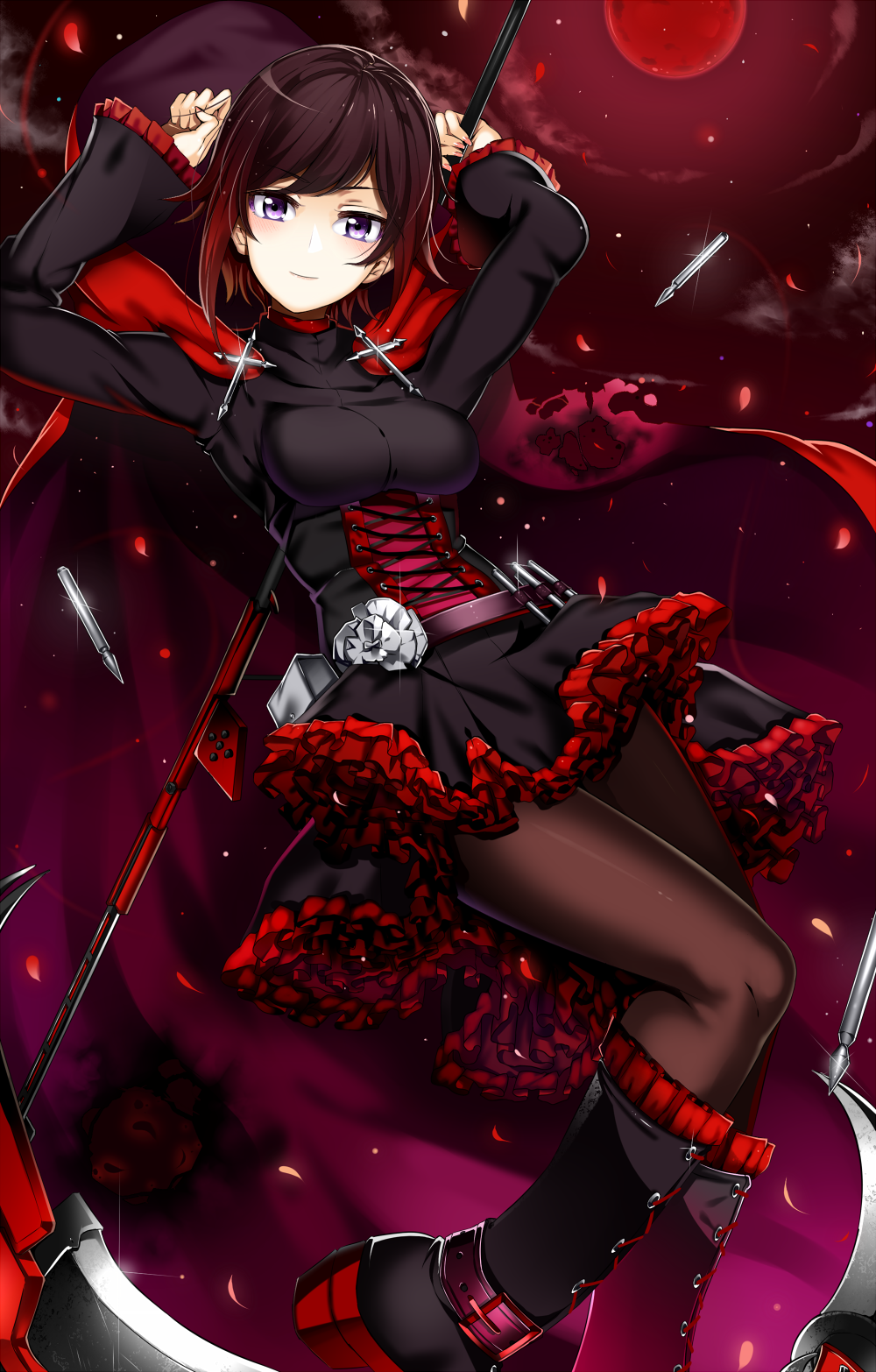 arms_up black_footwear blush boots brown_hair brown_legwear cape cross cross-laced_footwear dress highres holding holding_weapon koko_shiguma lace-up_boots looking_at_viewer moon pantyhose petals ruby_rose rwby scythe short_hair smile solo star weapon