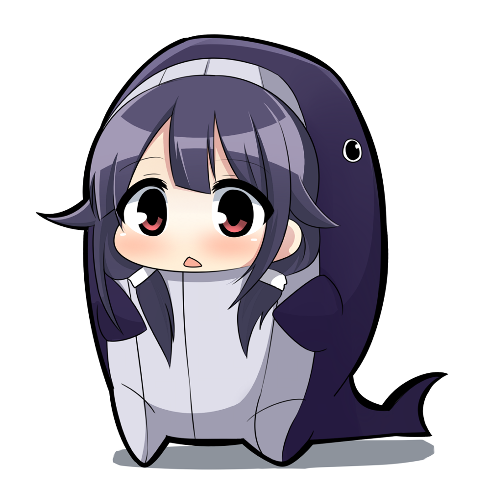 alternate_costume animal_costume blush chibi commentary_request costume hair_flaps hair_ornament hair_tubes kantai_collection low_twintails open_mouth purple_hair red_eyes simple_background solo taigei_(kantai_collection) triangle_mouth twintails twumi whale white_background