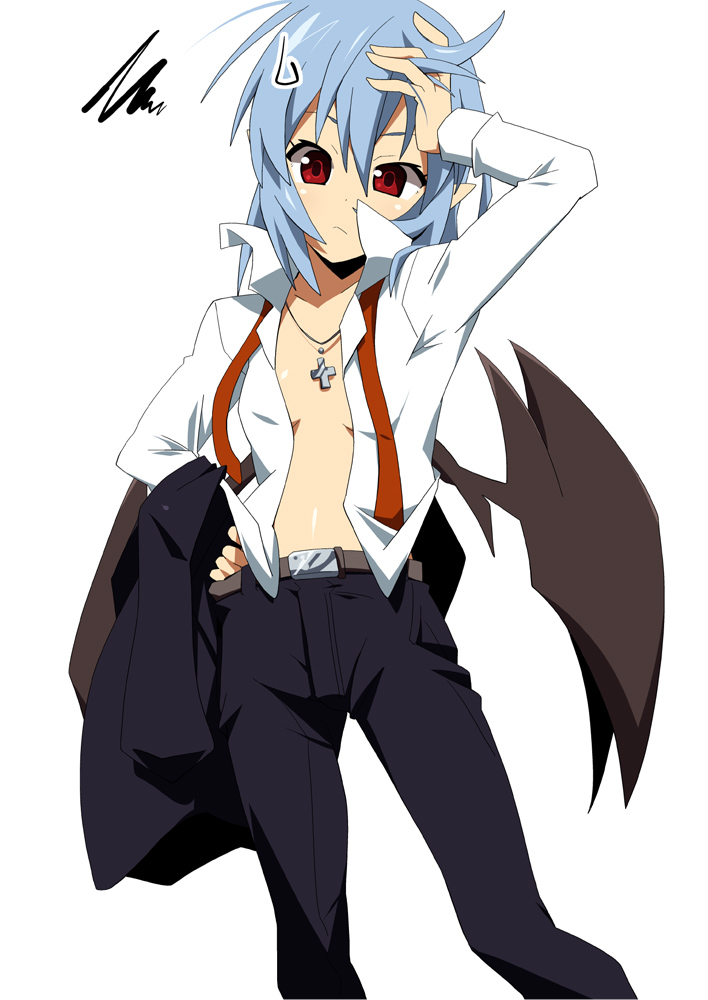alternate_costume bat_wings belt black_suit blouse breasts formal hair_between_eyes hand_on_hip hand_on_own_head jacket jacket_removed lavender_hair looking_at_viewer low_wings no_bra open_blouse open_clothes pant_suit pointy_ears red_eyes remilia_scarlet shin'ya_(nanp) short_hair small_breasts solo standing suit touhou white_blouse wings