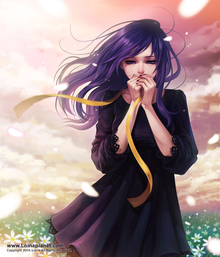 dress flower loina long_hair original purple_hair ribbon solo watermark web_address