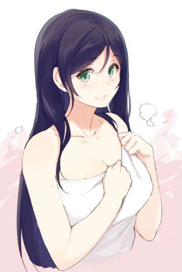 alternate_hairstyle blush breasts cleavage collarbone hair_down large_breasts long_hair love_live! love_live!_school_idol_project naked_towel sasamori_tomoe smile solo toujou_nozomi towel upper_body