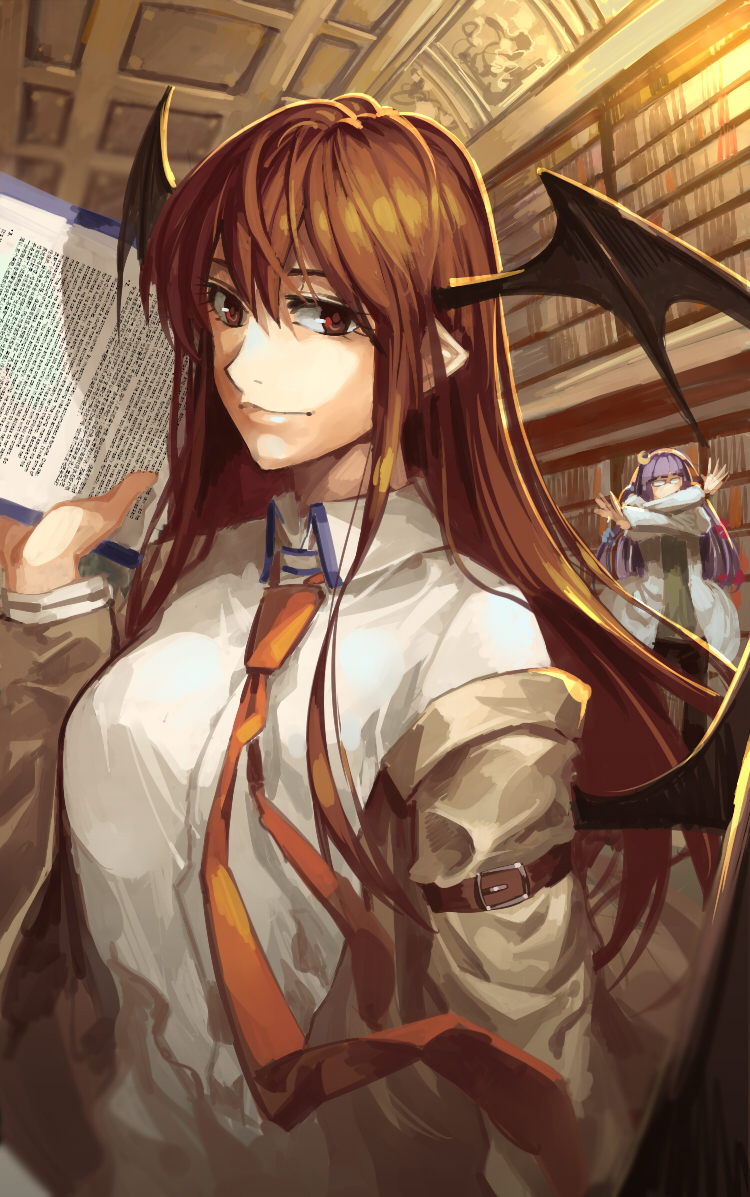 bespectacled book bookshelf breasts brown_eyes brown_hair cosplay crescent crescent_hair_ornament crossed_arms demon_wings glasses hair_ornament head_wings jacket koakuma large_breasts library light_smile long_hair looking_at_viewer makise_kurisu makise_kurisu_(cosplay) multiple_girls necktie off_shoulder okabe_rintarou okabe_rintarou_(cosplay) open_clothes open_jacket patchouli_knowledge pointy_ears purple_hair ruukii_drift shirt steins;gate touhou very_long_hair voile wings x_arms
