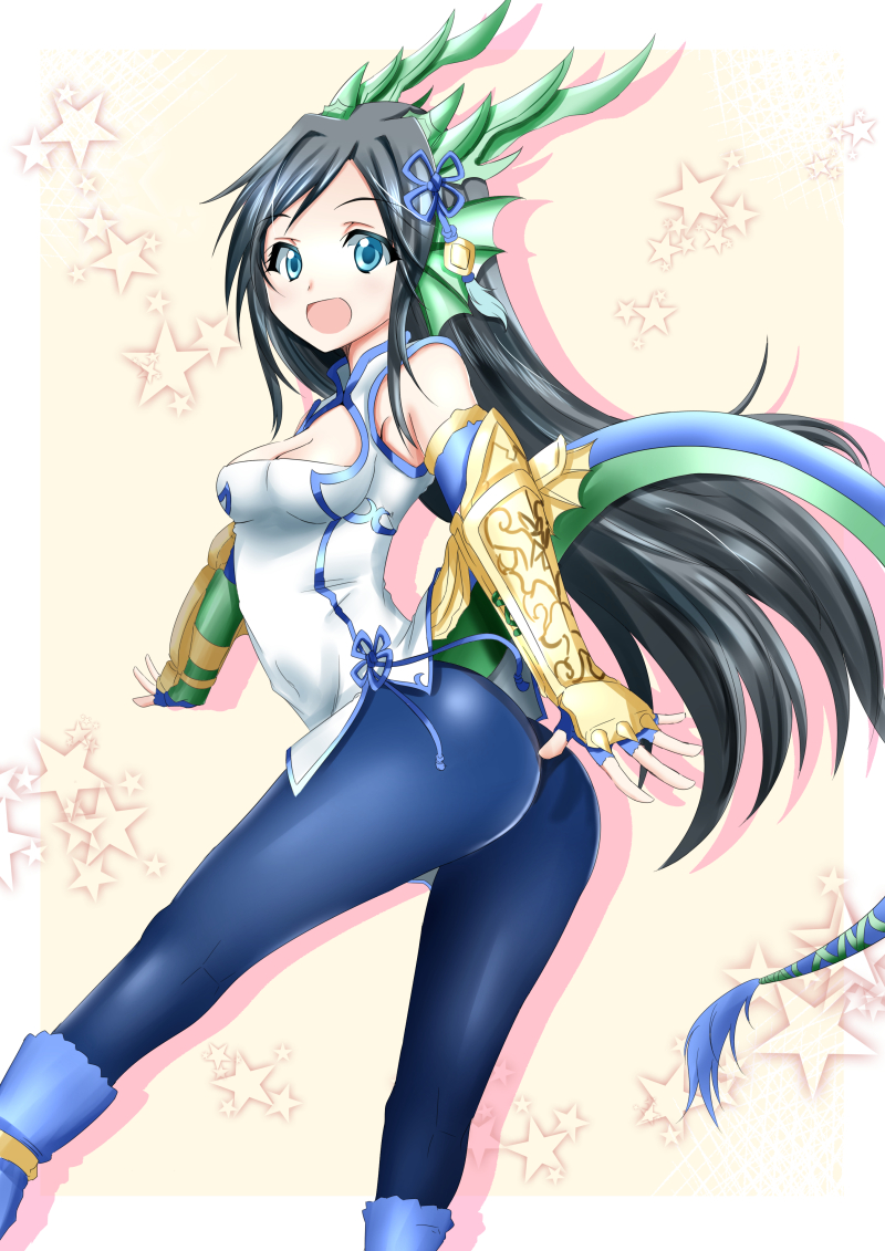 :d black_hair blue_eyes breasts cleavage cleavage_cutout covered_navel dragon_tail gauntlets head_fins horns karin_(p&amp;d) long_hair medium_breasts minato_yoshihiro navel open_mouth pantyhose puzzle_&amp;_dragons smile solo tail