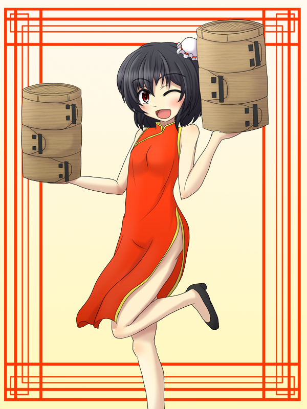 :d alternate_costume alternate_hair_ornament bamboo_steamer bare_shoulders black_hair blush breasts bun_cover carrying china_dress chinese_clothes dress looking_at_viewer no_hat no_headwear no_panties one_eye_closed open_mouth red_eyes shameimaru_aya short_hair small_breasts smile solo standing standing_on_one_leg teoi_(good_chaos) touhou