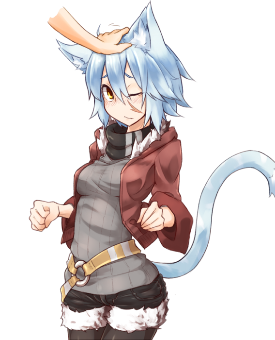 animal_ears belt blue_hair cat_ears cat_tail clenched_hands disembodied_limb fur_trim jacket long_sleeves one_eye_closed original pantyhose petting ribbed_sweater ryota_tentei scar short_hair shorts solo sweater tail tora_tentei wide_sleeves yellow_eyes