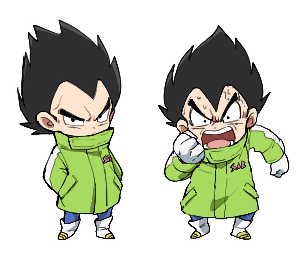1boy anger_vein angry annoyed arm_at_side bidarian black_eyes black_hair boots chibi clenched_hand coat d: dragon_ball dragon_ball_super dragon_ball_super_broly dragonball_z expressionless frown full_body gloves green_coat hands_in_pockets looking_at_viewer male_focus open_mouth serious short_hair simple_background spiked_hair standing teeth upper_body v-shaped_eyebrows vegeta white_background winter_clothes