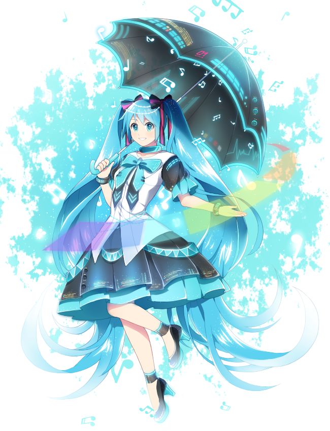 absurdly_long_hair bad_id bad_pixiv_id beamed_eighth_notes beamed_sixteenth_notes blue_hair bracelet eighth_note full_body hair_ribbon hatsune_miku high_heels jewelry long_hair mio_(jian_wei) musical_note quarter_note ribbon skirt solo twintails umbrella very_long_hair vocaloid