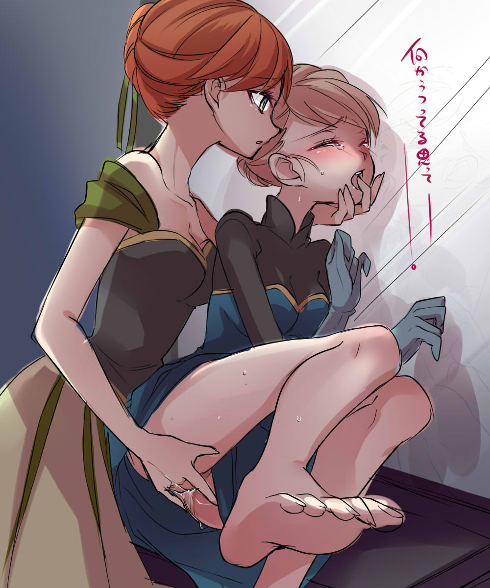 anna_(frozen) bare_legs bare_shoulders barefoot blonde_hair blush braid breasts cleavage closed_eyes dress elbow_gloves elsa_(frozen) feet femdom finger_in_another's_mouth finger_in_mouth fingering french_braid frozen_(disney) gloves green_eyes highres incest kokuchuutei medium_breasts multiple_girls no_panties off-shoulder_dress off_shoulder open_mouth orange_hair pussy_juice short_hair siblings sisters sketch small_breasts tears toes translation_request wince yuri