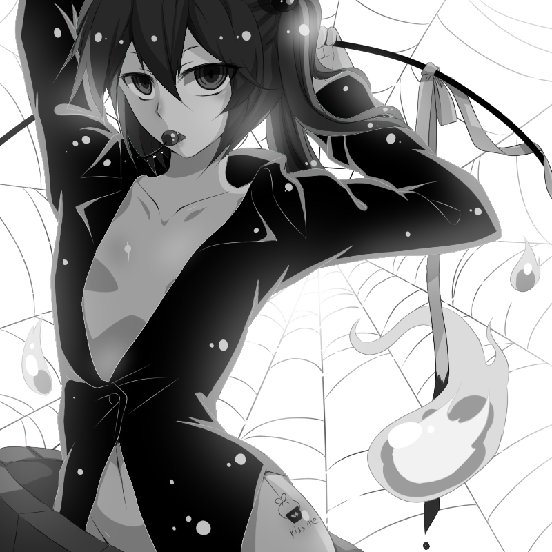 alternate_costume arms_behind_head bare_legs blank_stare blouse body_writing breasts bucket cherry collarbone endwhite food fruit greyscale hair_between_eyes hair_bobbles hair_ornament hitodama kisume looking_at_viewer monochrome navel open_clothes pun short_hair silk small_breasts spider_web touhou twintails