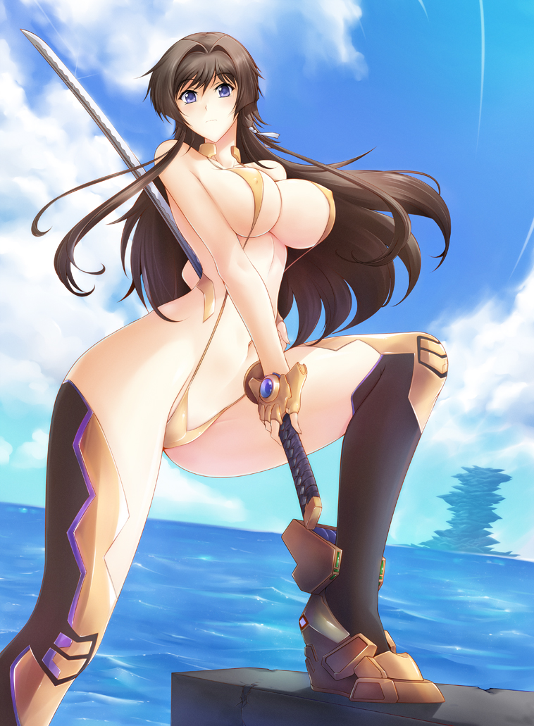 1girl bikini brown_hair character_request haganef muvluv navel sling_bikini swimsuit sword takamura_yui weapon