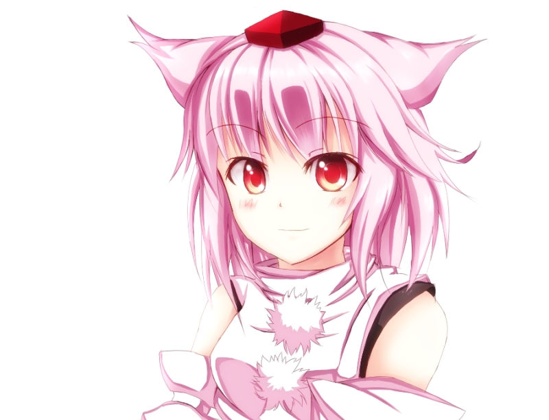 animal_ears bad_id bad_pixiv_id bare_shoulders blush breasts detached_sleeves hat inubashiri_momiji looking_at_viewer nununu!! pom_pom_(clothes) red_eyes short_hair silver_hair simple_background small_breasts smile solo tokin_hat touhou white_background wolf_ears