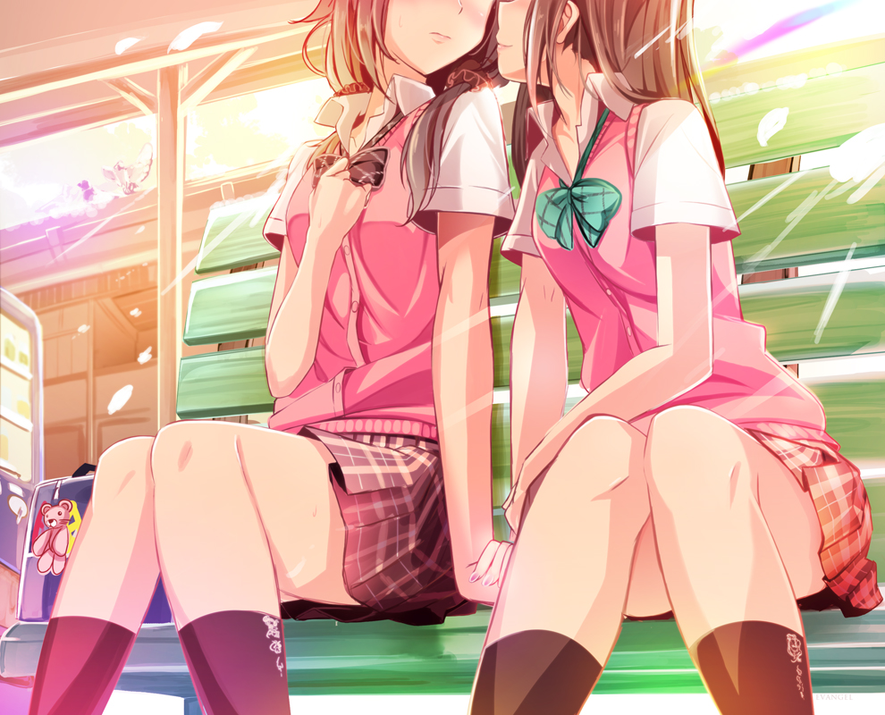 bad_id bad_pixiv_id bag bench blouse blush brown_hair cardigan_vest checkered checkered_skirt hand_on_own_chest haruka_natsuki head_out_of_frame holding_hands imminent_kiss long_hair low_twintails multiple_girls nail_polish nervous original school_bag school_uniform short_sleeves sitting skirt smile socks twintails yuri
