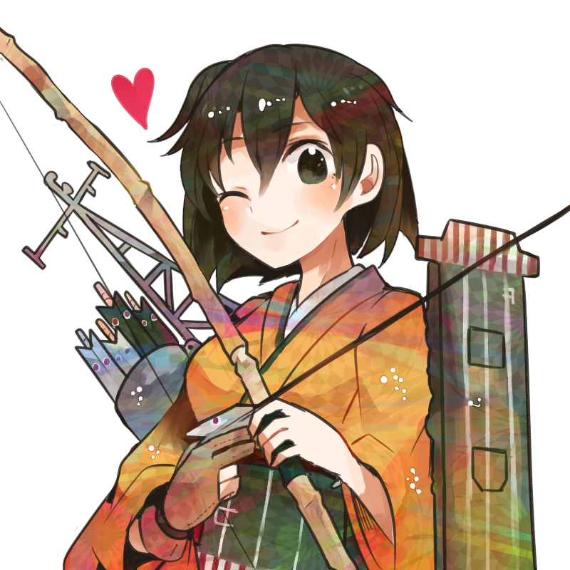 archery arrow bow_(weapon) breasts brown_eyes brown_hair flight_deck gloves heart hiryuu_(kantai_collection) itomugi-kun japanese_clothes kantai_collection kyuudou medium_breasts one_eye_closed one_side_up partly_fingerless_gloves quiver radio_antenna short_hair single_glove smile solo weapon yugake