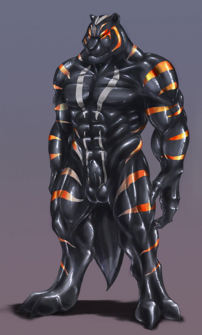 abs balls biceps big_muscles black_skin claws feline hooves male mammal muscles nipples nude pecs plain_background rubber rwolf sheath standing stripes toned