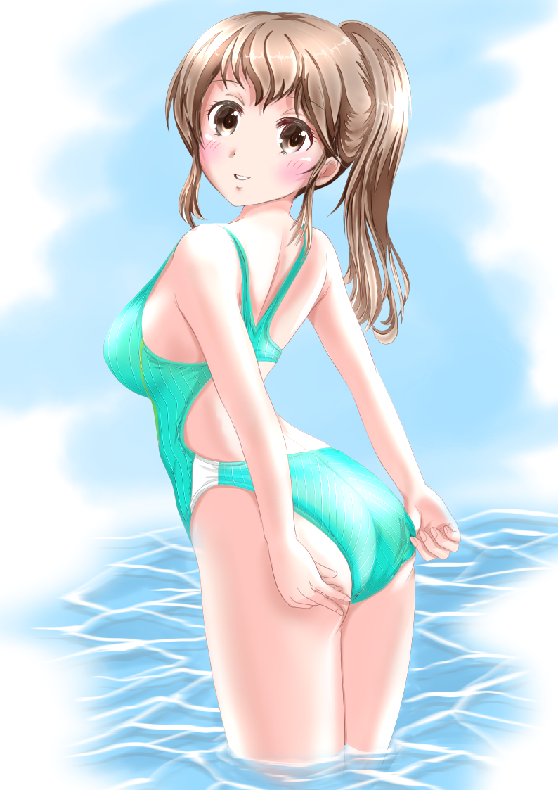 ass brown_eyes brown_hair competition_swimsuit long_hair mashinatsu one-piece_swimsuit original ponytail solo swimsuit