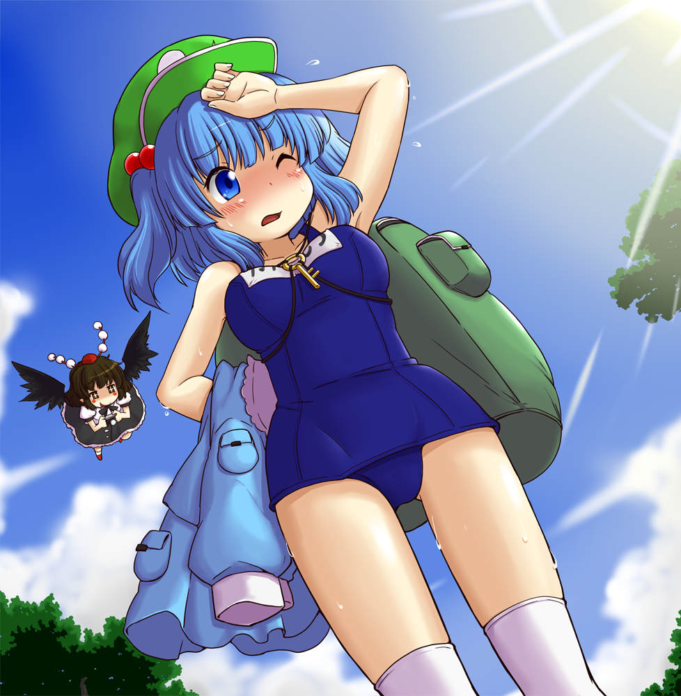 2girls alternate_costume backpack bag bird_wings black_hair blouse blue_eyes blue_hair blue_sky breasts camera cloud day dress dress_removed dutch_angle flying hair_bobbles hair_ornament hand_on_own_head hat holding_clothes kawashiro_nitori key lens_flare medium_breasts multiple_girls one-piece_swimsuit one_eye_closed open_mouth over-kneehighs pom_pom_(clothes) school_swimsuit shameimaru_aya short_hair skirt sky smirk sparkling_eyes sweat swimsuit tanasuke thighhighs tokin_hat touhou tree two_side_up wings