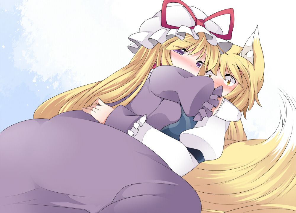 animal_ears bad_id bad_pixiv_id blonde_hair blush commentary_request dress fox_ears fox_tail frills hammer_(sunset_beach) hat hug long_dress long_hair long_sleeves looking_at_viewer looking_to_the_side lying lying_on_person mob_cap multiple_girls multiple_tails nose_blush on_back puffy_long_sleeves puffy_sleeves purple_dress purple_eyes short_hair tail touhou translation_request white_dress yakumo_ran yakumo_yukari yellow_eyes yuri