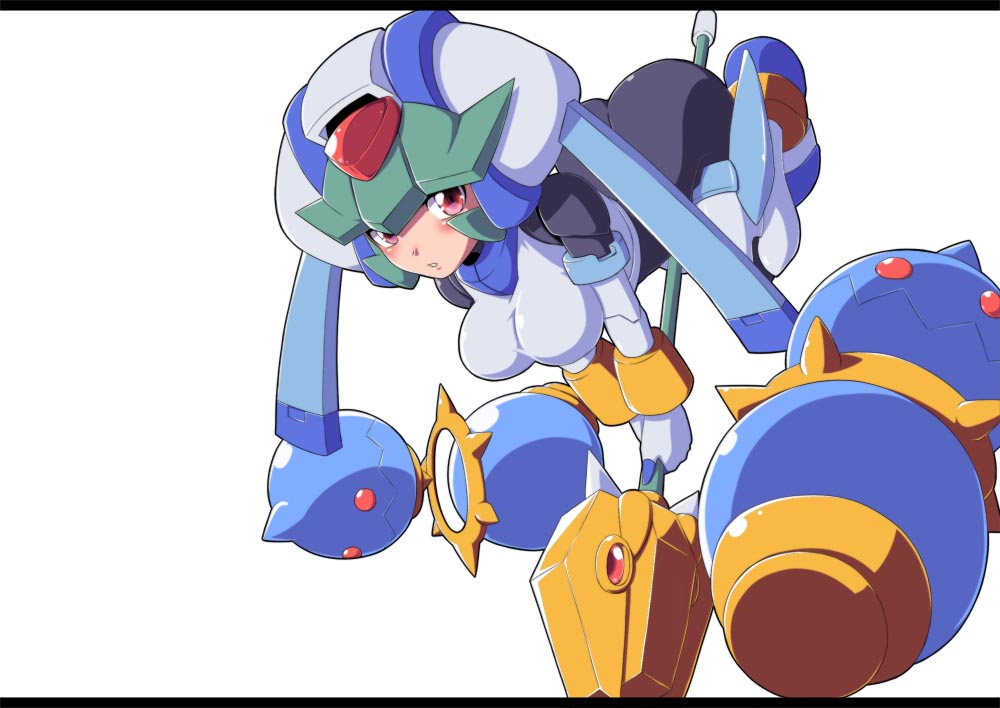 android armor ass bent_over black_border blush bodysuit border breasts flying green_hair helmet holding holding_staff looking_at_viewer medium_breasts object_riding pandora_(rockman) parted_lips pink_eyes red_eyes rockman rockman_zx semikichi simple_background solo staff weapon white_background
