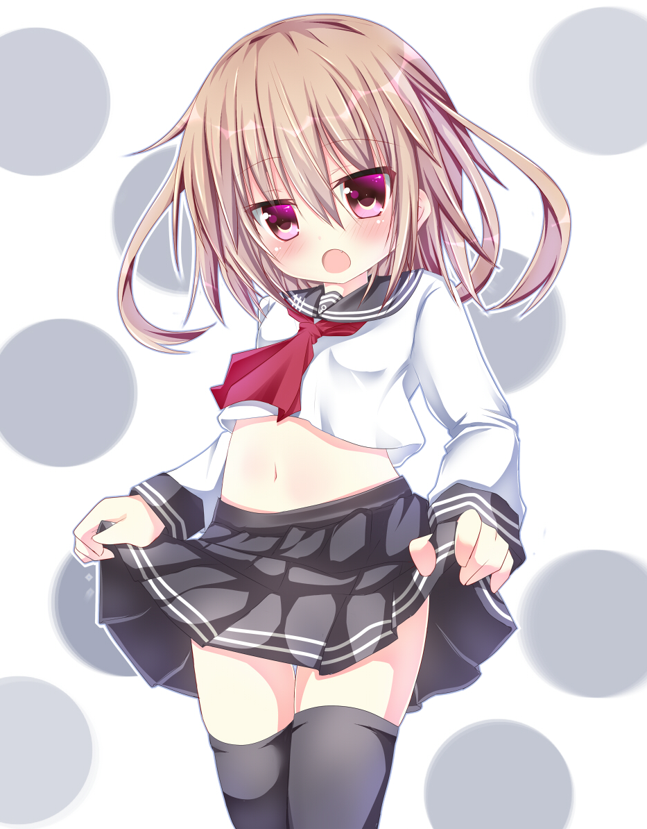bad_id bad_pixiv_id blush brown_hair chestnut_mouth fang ikazuchi_(kantai_collection) kantai_collection looking_at_viewer mo-a-i navel open_mouth petite pleated_skirt red_eyes school_uniform serafuku short_hair simple_background skirt skirt_lift solo thighhighs