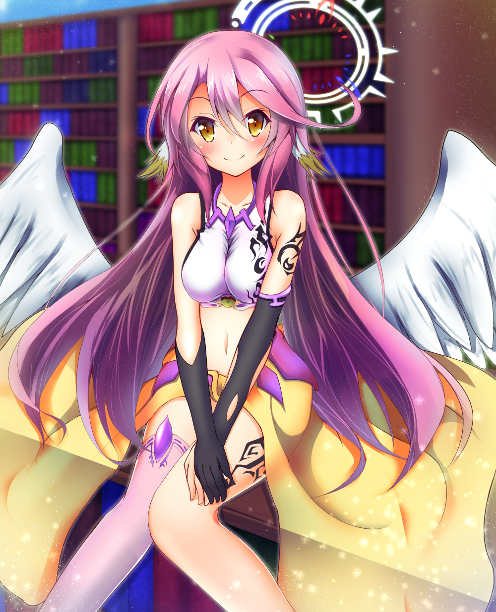 angel_wings black_gloves blurry blush bookshelf breasts gloves halo highres jibril_(no_game_no_life) long_hair looking_at_viewer magic_circle medium_breasts midriff navel no_game_no_life pink_hair pink_legwear single_thighhigh sitting smile solo tattoo thighhighs wings yellow_eyes ymd_(holudoun)