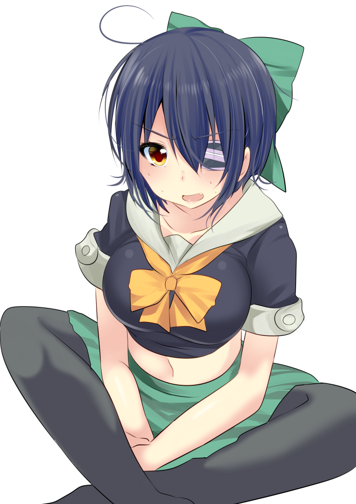 ahoge bad_id bad_pixiv_id blue_hair bow bowtie breasts cosplay eyepatch fang green_skirt hair_bow haruta_(806060) indian_style kantai_collection large_breasts looking_at_viewer midriff navel open_mouth pantyhose school_uniform serafuku short_hair short_sleeves simple_background sitting skirt solo tenryuu_(kantai_collection) white_background yellow_eyes yuubari_(kantai_collection) yuubari_(kantai_collection)_(cosplay)
