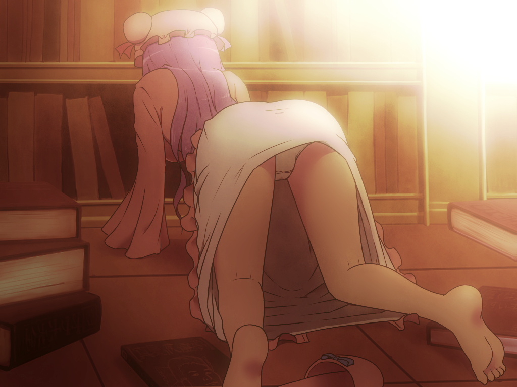 all_fours ass bare_legs barefoot book bookshelf coat commentary dress from_behind hat indoors kneepits long_hair long_sleeves panties patchouli_knowledge purple_hair shirosato slippers solo touhou underwear upskirt very_long_hair white_dress white_panties wide_sleeves