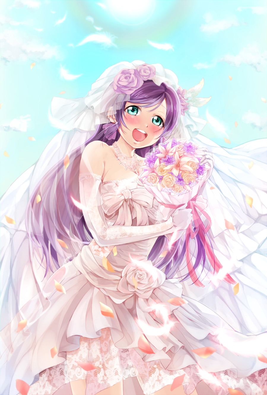 arihara_(arhr0) bare_shoulders blush bouquet breasts bridal_veil bride detached_sleeves dress flower green_eyes highres large_breasts long_hair love_live! love_live!_school_idol_festival love_live!_school_idol_project open_mouth purple_hair smile solo thighhighs toujou_nozomi twintails veil wedding_dress