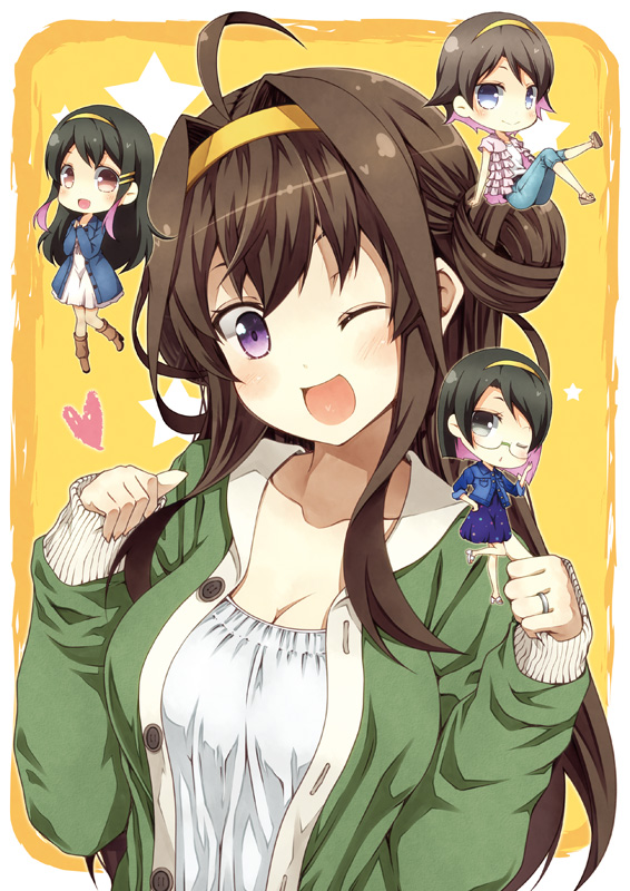;d ahoge alternate_costume black_hair blush breasts brown_hair casual cleavage glasses hair_intakes hairband haruna_(kantai_collection) heart hiei_(kantai_collection) kantai_collection kirishima_(kantai_collection) kongou_(kantai_collection) kouji_(campus_life) long_hair looking_at_viewer medium_breasts multicolored_hair multiple_girls one_eye_closed open_mouth purple_eyes short_hair smile star two-tone_hair yellow_background