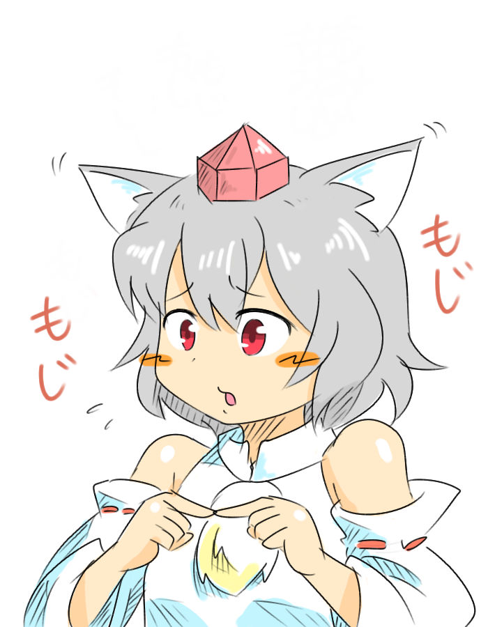 animal_ears bare_shoulders blush blush_stickers detached_sleeves embarrassed fingers hat inubashiri_momiji kieeyo open_mouth pom_pom_(clothes) red_eyes short_hair silver_hair simple_background solo tokin_hat touhou white_background wolf_ears