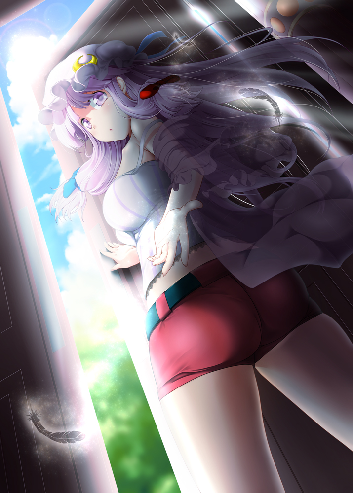 ass blue_sky breasts chemise cloud crescent day dress excel_(shena) feathers hat jacket large_breasts long_hair looking_at_viewer mob_cap off_shoulder open_clothes open_dress open_jacket outstretched_arm outstretched_hand patchouli_knowledge purple_eyes purple_hair see-through shorts sky solo strap_slip touhou very_long_hair