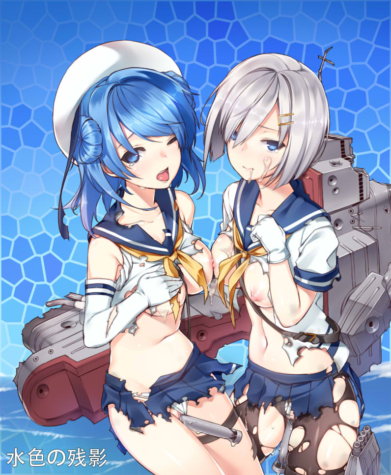 bad_id bad_pixiv_id beret black_legwear blue_eyes blue_hair blush breasts cum cum_on_body cum_on_breasts cum_on_upper_body elbow_gloves facial gloves hair_ornament hair_over_one_eye hairclip hamakaze_(kantai_collection) hat kantai_collection kuro_(kuronell) looking_at_viewer medium_breasts multiple_girls navel nipples object_insertion one_eye_closed open_mouth panties panties_aside panties_under_pantyhose pantyhose pussy_juice school_uniform serafuku short_hair silver_hair skirt tears torn_clothes torn_legwear torpedo underwear urakaze_(kantai_collection) vaginal vaginal_object_insertion white_gloves white_hat white_panties