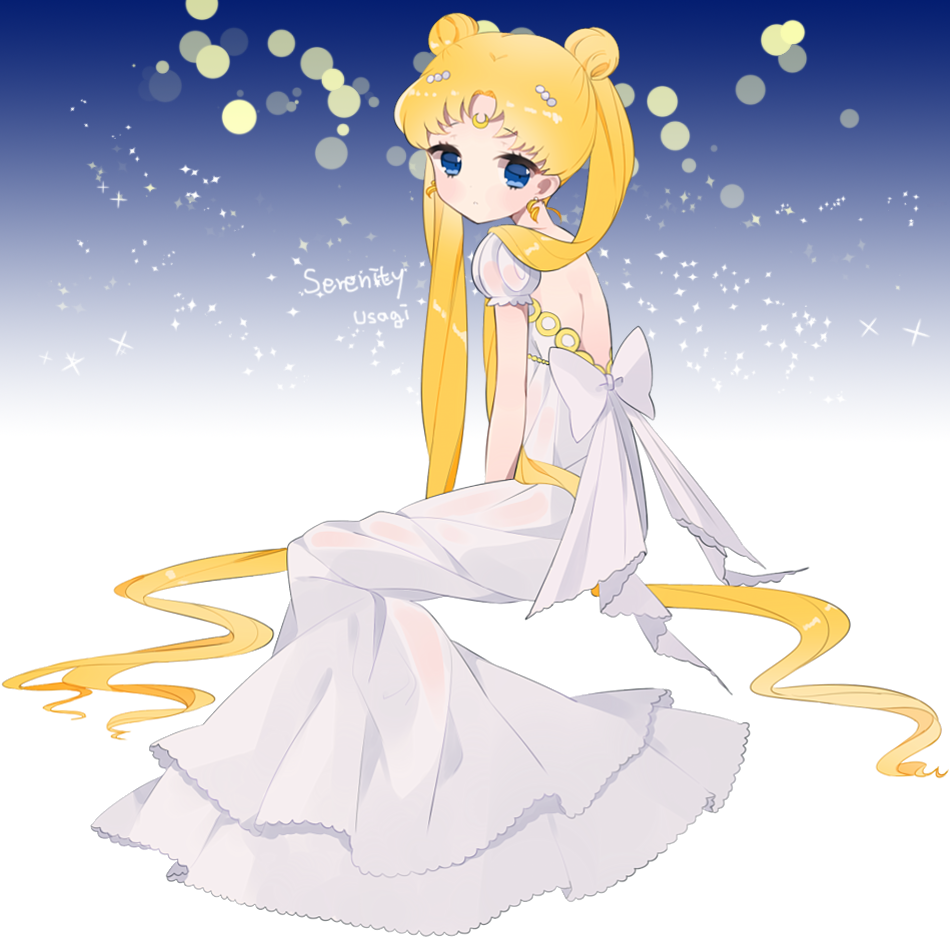 back_bow backless_dress backless_outfit bad_id bad_pixiv_id bishoujo_senshi_sailor_moon blonde_hair blue_eyes bow character_name crescent double_bun dress expressionless facial_mark forehead_mark full_body hair_ornament hairpin long_hair princess_serenity sitting solo strapless strapless_dress tsukino_usagi twintails uttao white_dress