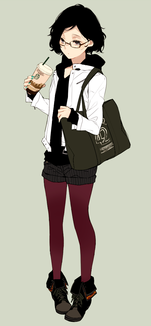 bag black_eyes black_hair character_request coffee_cup commentary copyright_request cup disposable_cup full_body legwear_under_shorts nail_polish pantyhose red_legwear shoes short_hair shorts shoulder_bag simple_background sneakers solo zakka_(d-o-t)