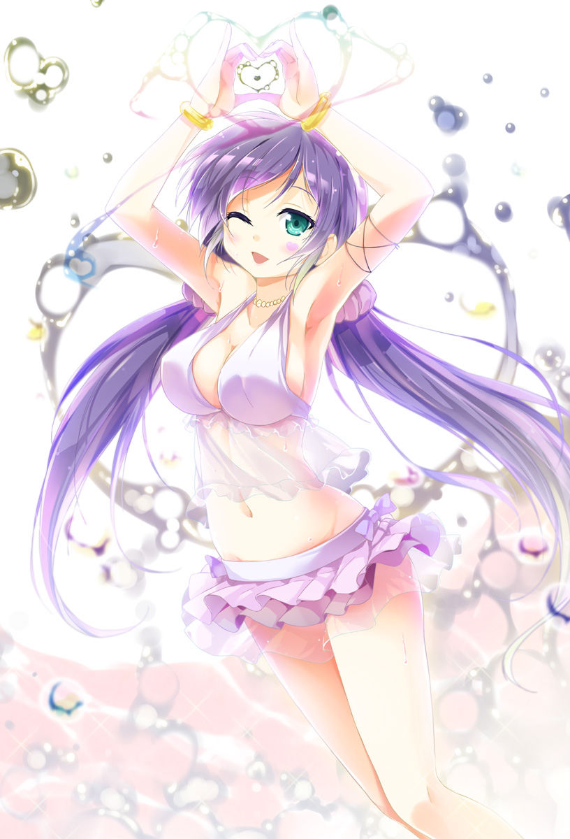 armpits arms_up bikini blush breasts cleavage green_eyes heart heart_hands highres large_breasts long_hair love_live! love_live!_school_idol_project natsuiro_egao_de_1_2_jump! navel one_eye_closed open_mouth porurin purple_bikini purple_hair scrunchie see-through simple_background smile solo swimsuit toujou_nozomi twintails