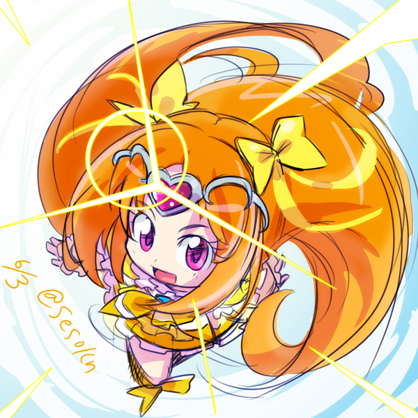 bow circlet cure_muse_(yellow) dated frills hair_bow heart long_hair magical_girl orange_hair pink_eyes precure shirabe_ako sketch skirt smile solo suite_precure tatsu_(seisouken) yellow_bow