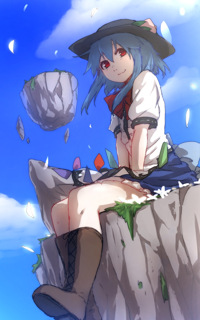 :3 alternate_hairstyle between_legs blouse blue_hair blue_skirt blue_sky boots cloud cross-laced_footwear day floating floating_object food fruit hand_between_legs hat hinanawi_tenshi lace-up_boots looking_at_viewer peach puffy_short_sleeves puffy_sleeves rainbow_order red_eyes ribbon short_hair short_sleeves sitting_on_rock skirt sky smile solo terimayo touhou wavy_mouth white_blouse