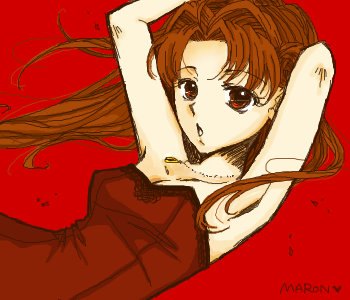:o alternate_eye_color armpits arms_behind_head bad_id bad_pixiv_id bangs bare_shoulders brown_hair character_name dress floating_hair hair_intakes jewelry kamikaze_kaitou_jeanne kusakabe_maron lowres necklace parted_bangs red red_background red_dress red_eyes ri_(stfl1023) solo strapless strapless_dress