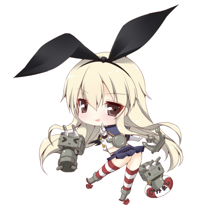 &gt;_&lt; :3 anchor blonde_hair chibi closed_eyes elbow_gloves full_body gloves hair_ornament hairband highleg highleg_panties kantai_collection lifebuoy long_hair looking_at_viewer microskirt navel panties pointing pointing_at_viewer rensouhou-chan shimakaze_(kantai_collection) simple_background skirt solo standing standing_on_one_leg striped striped_legwear thighhighs tongue tongue_out turret underwear white_background white_gloves yuncha