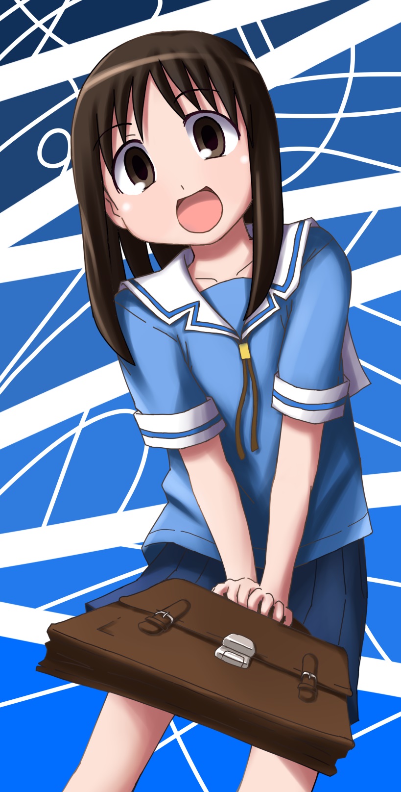 azumanga_daiou bag brown_eyes brown_hair highres kasuga_ayumu looking_at_viewer morichan open_mouth pleated_skirt school_bag school_uniform skirt solo