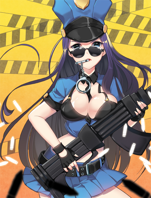 belt beltskirt between_breasts black_hair blue_eyes blue_skirt breast_press breast_rest breasts caitlyn_(league_of_legends) carried_breast_rest cleavage cuffs dakun gun handcuffs hat holding holding_weapon large_breasts league_of_legends long_hair midriff mouth_hold necktie officer_caitlyn open_mouth police police_hat police_uniform policewoman short_sleeves skirt solo sunglasses uniform weapon