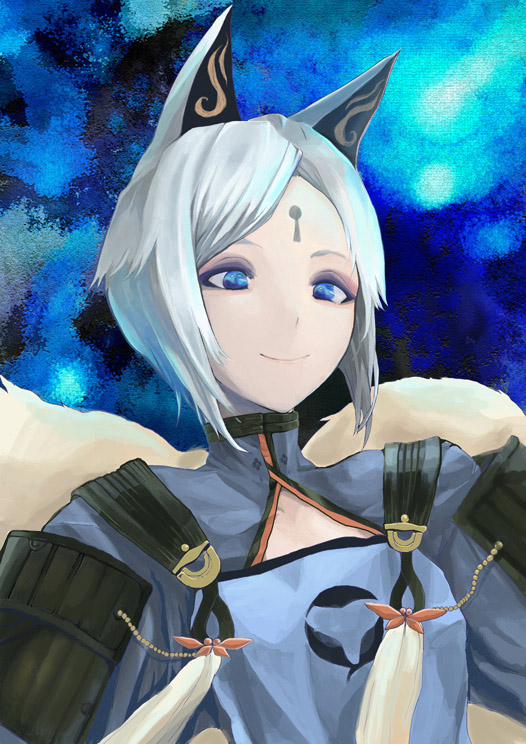 androgynous animal_ears ayakashi_onmyouroku blue_background blue_eyes facial_mark forehead_mark fox_ears fox_tail multiple_tails pale_skin pipe_fox short_hair shoulder_armor smile solo spaulders tail white_hair