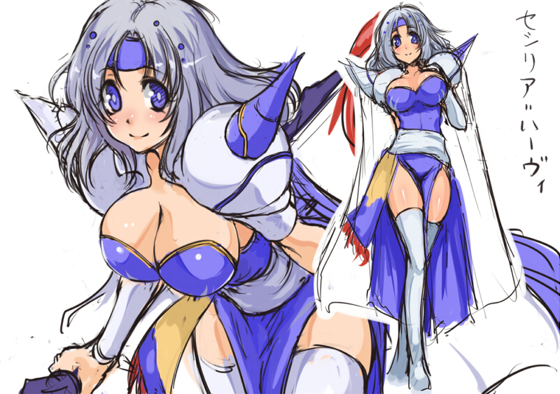 1girl blue_eyes boots breasts cape cecil_harvey final_fantasy final_fantasy_iv genderswap grey_hair headband large_breasts shoulder_pads smile suikamaru thigh_boots thighhighs translation_request