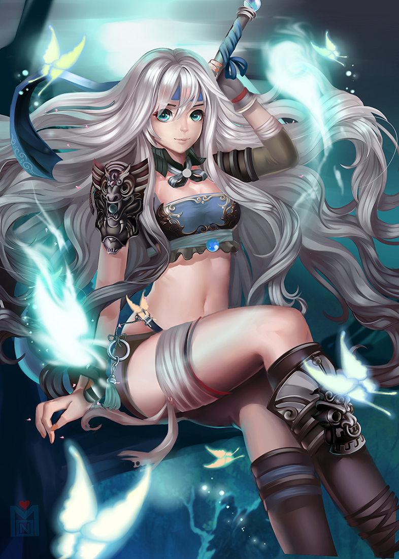 armor bandages boots breasts gloves green_eyes headband knee_boots long_hair looking_at_viewer mon_(monsohot) navel original silver_hair single_glove small_breasts solo sword very_long_hair weapon