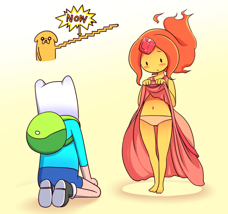 1girl adventure_time backpack bag blush commentary_request dog dress dress_lift fiery_hair finn_the_human flame_princess forehead_jewel gem hetero jake_the_dog kneeling navel nollety panties pink_panties stretched_limb underwear